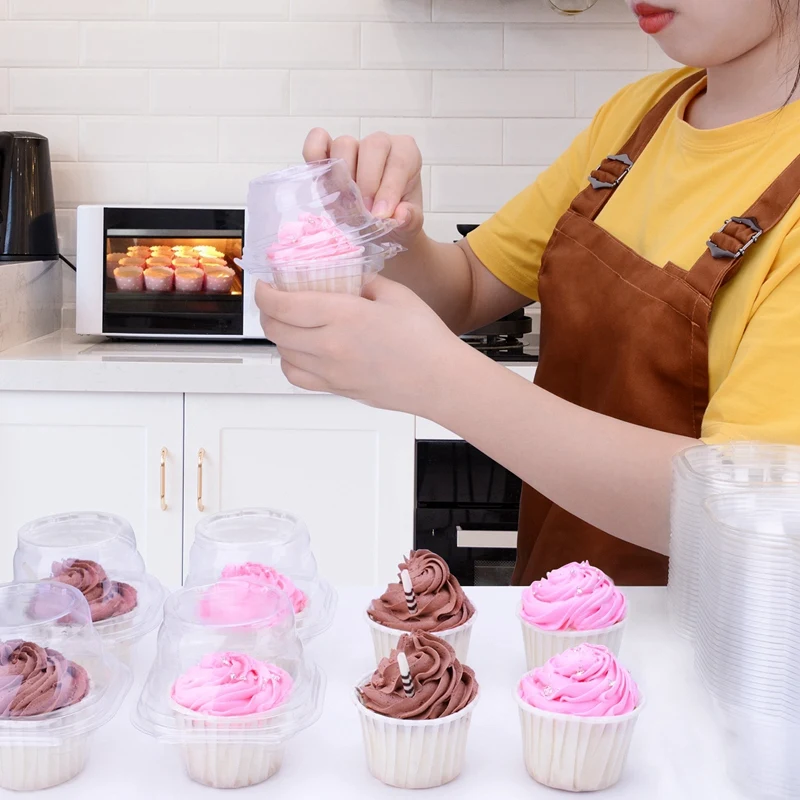 

100 Pack Individual Cupcake Container Single Compartment Cupcake Carrier Holder Box Stackable Cake Cases Clear Plastic