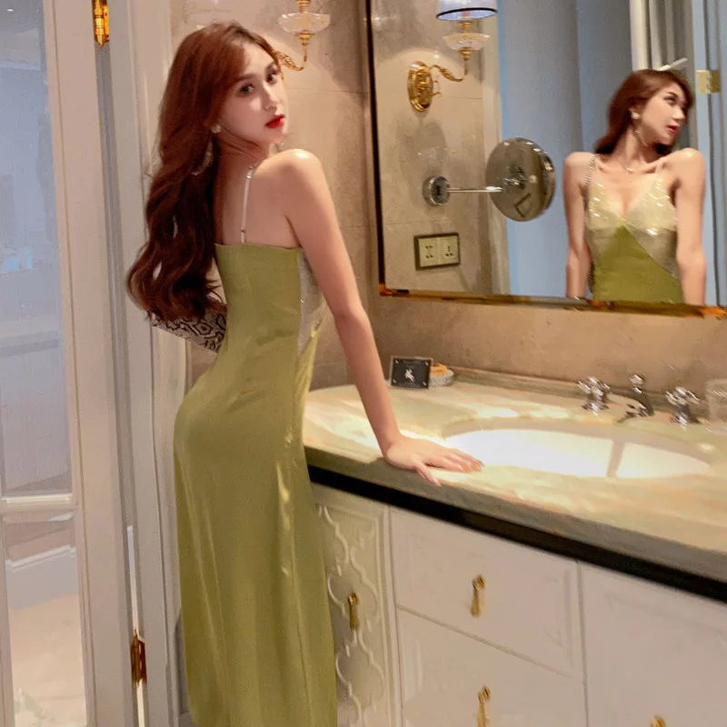 

V-neck Sexy Party Strap Dresses Women Evening Elegant Green Patchwork Vintage Midi Dress Korean Chic Y2K Beach Dress Summer 2021