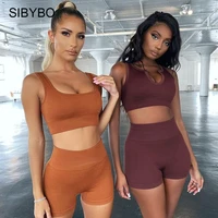 sibybo 2 piece set seamless fitness suit women sport bra top leggings sets 2021 summer female ribbed slim active wear gym set
