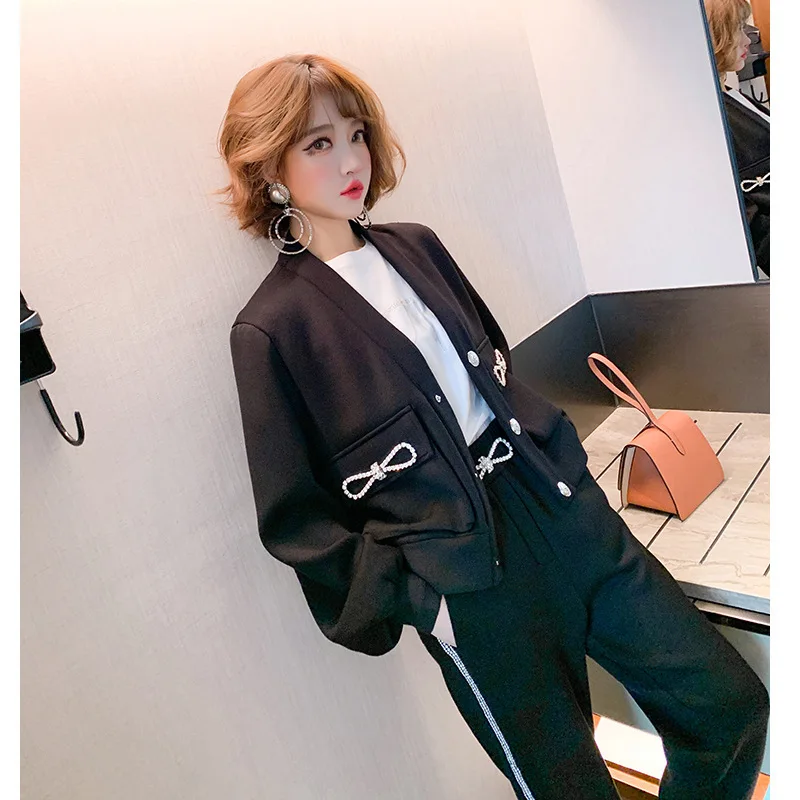 

Single-row Button-up Diamond-encrusted Bow V-neck Jacket and Drill-striped Trousers Set Women's Autumn New Suits for Women