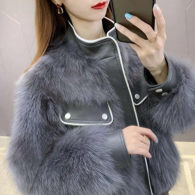 Winter Women Faux Fox Fur Jacket  Elegant Short Zipper Lapel Warm Jacket Fashion Splicing Solid  High Quality Plush Outwear