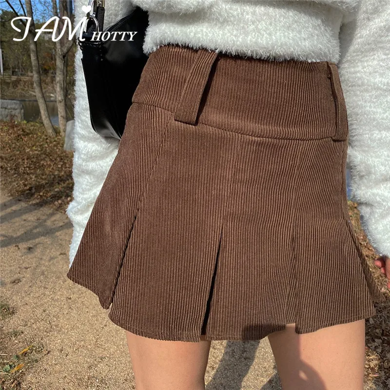 

Corduroy Short Pleated Skirt Women Korean Brown Thick Short Vintage Mini Skort Party Clubwear High Waisted A Line Iamhotty