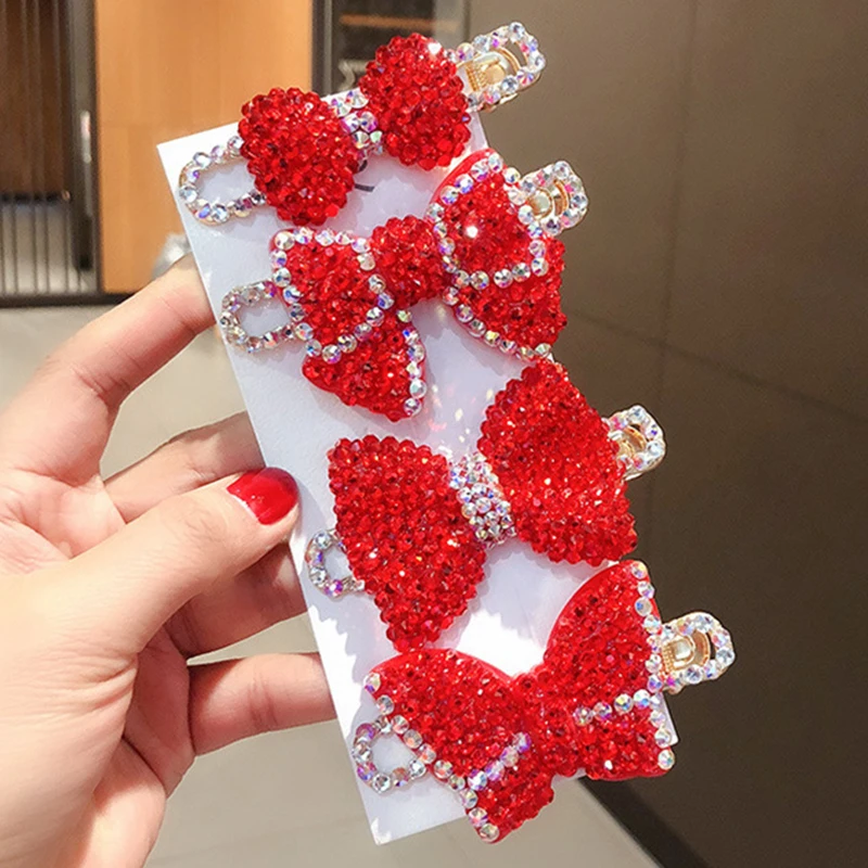 

Women Red Full Diamond Hairpin Bear Love Heart Starfish Female bb Clip Stay Sea Clip New Year Girl Hair Accessories
