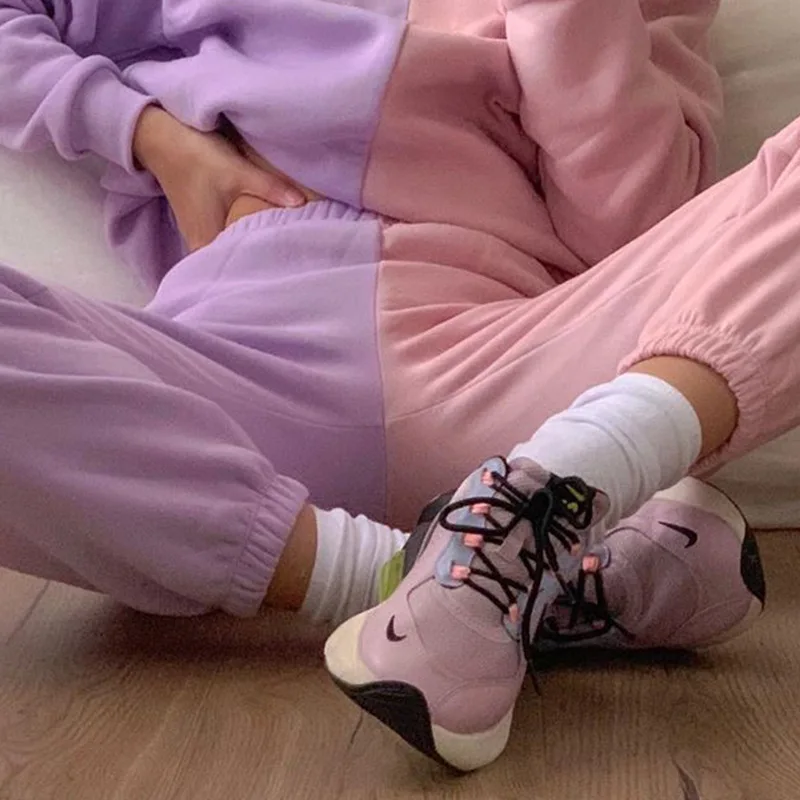 

Women Set Contrast Color 2 Piece Sets Sweatpants And Sweatshirt 2020 Auntumn Winter Streetwear Workout Matching Sets Sweatsuit