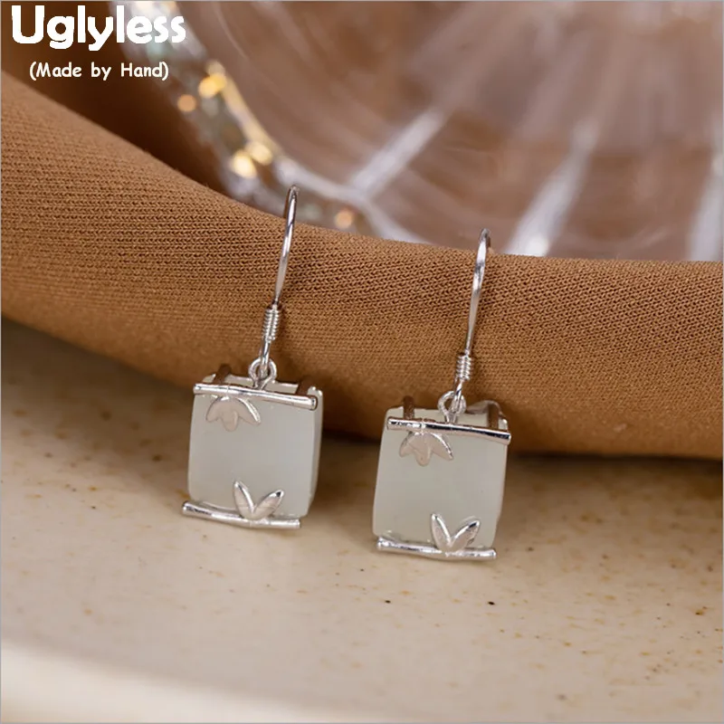 

Серьги женские из серебра 925 пробы, квадратные, с нефритовыми листьями