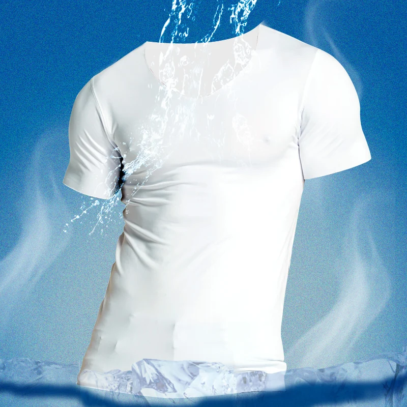 Men's V-Neck Undershirts Man Ice Silk Seamless Short Sleeves Basics Shirts Youth Summer Sexy Fitness Body Building Underwear