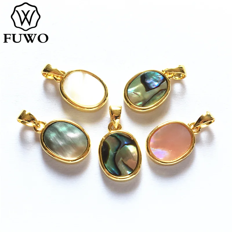 FUWO хит продаж овальная форма розовая ракушка кулон с золотым ободком обрезанная