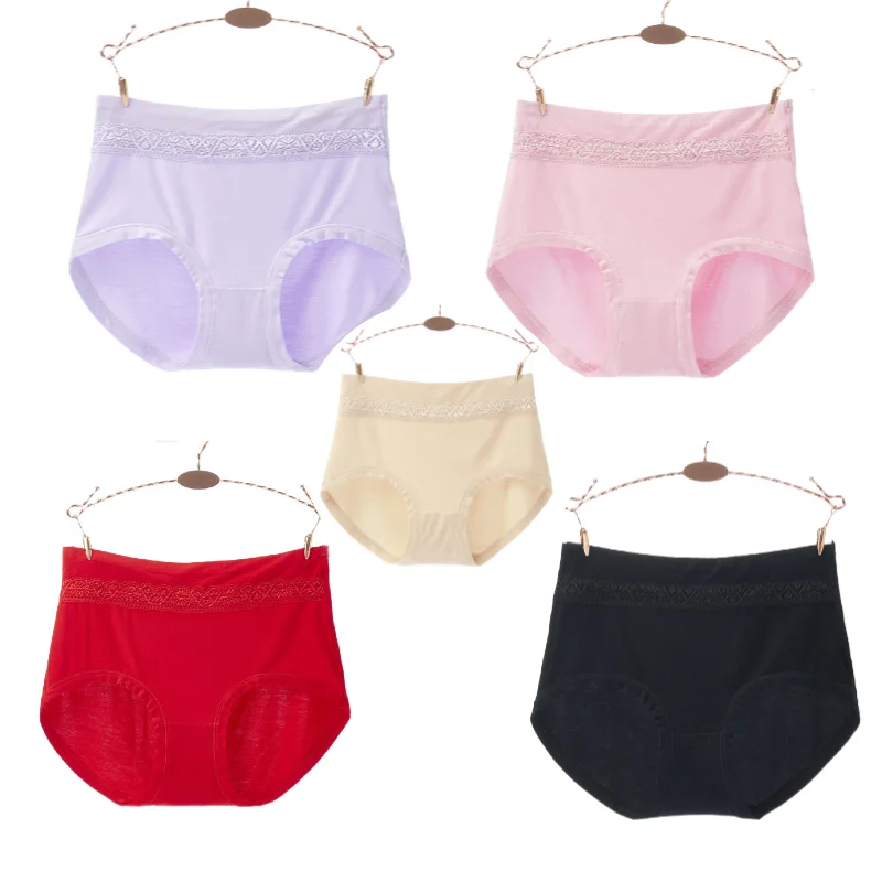 5Pcs/Lot Mid Waist Abdomen Cotton Briefs Plus Size Striped Panties Lace Underwear Lingerie Antibacterial Modal Underpants XL XXL