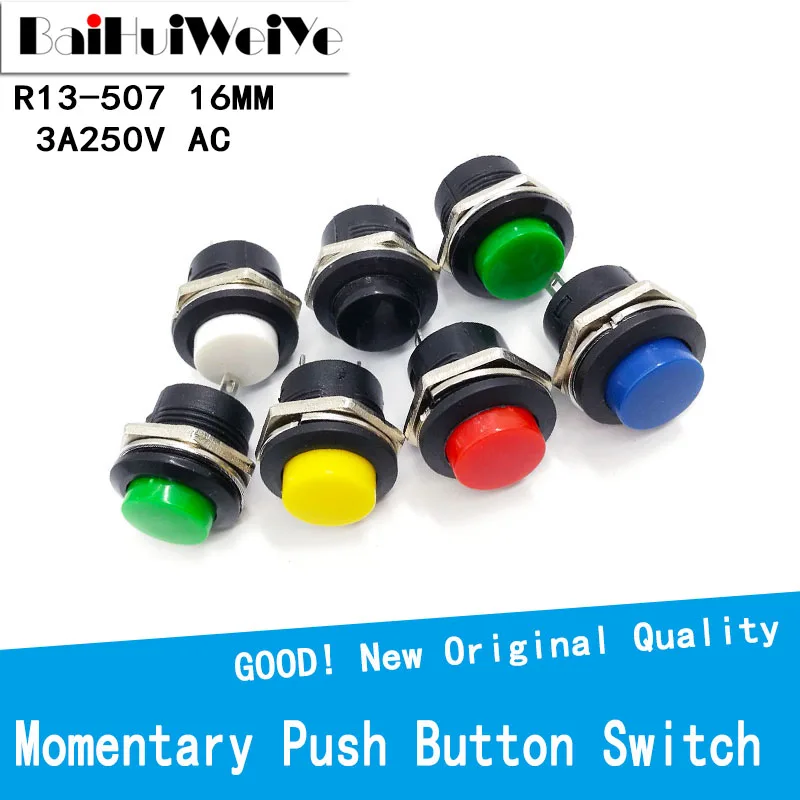 

10PCS/LOT Momentary Push Button Switch 16mm Momentary 6A 125VAC 3A 250VAC Round Switches R13-507 2PIN Non-Self-Locking 6 COLOR