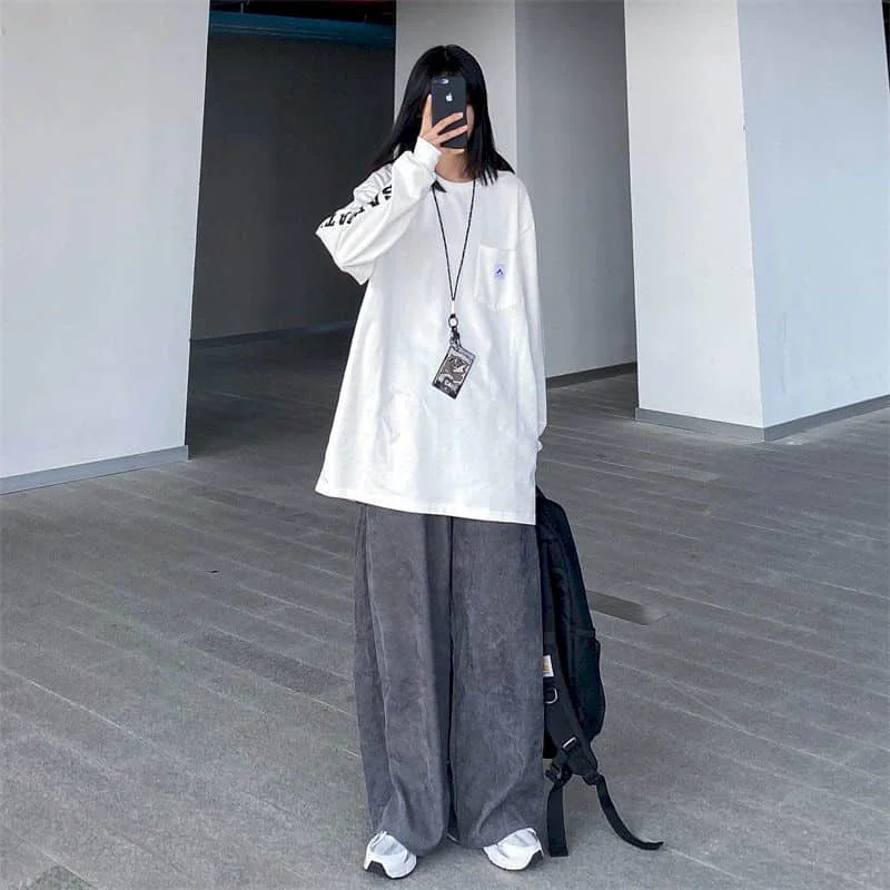 

Autumn Solid Straight High Waist Corduroy Sweatpants Women Trousers Loose Wide Leg Women Pants