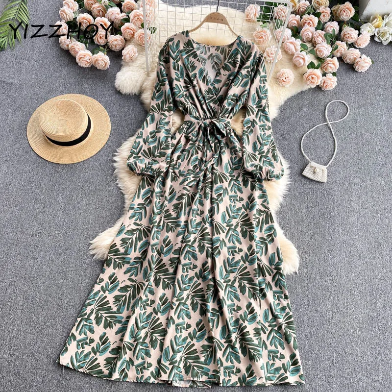 

YIZZHOY New Summer Holiday Style A Line V Neck Puff Sleeve Chiffon Dresses Women Casual Floral Print Slim Full Lady Dress