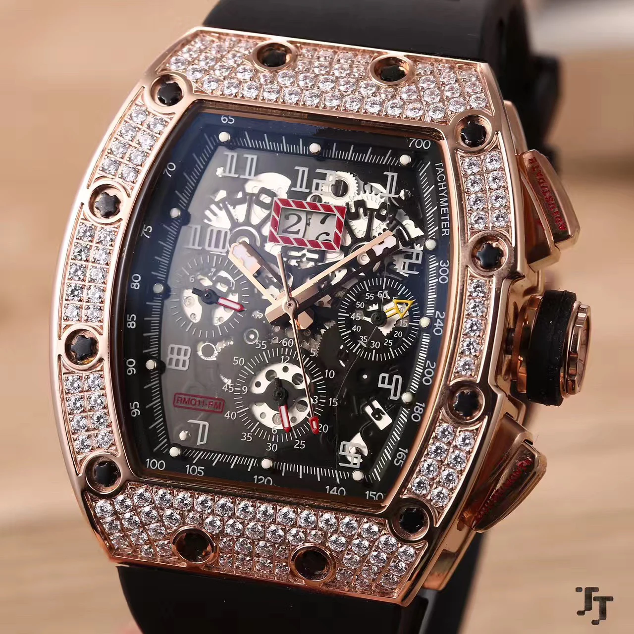 

Classic New Black Rubber Men Watch Sapphire Automatic Mechanical Rose Gold Silver Iced Diamonds Tourbillion Calendar AAA+