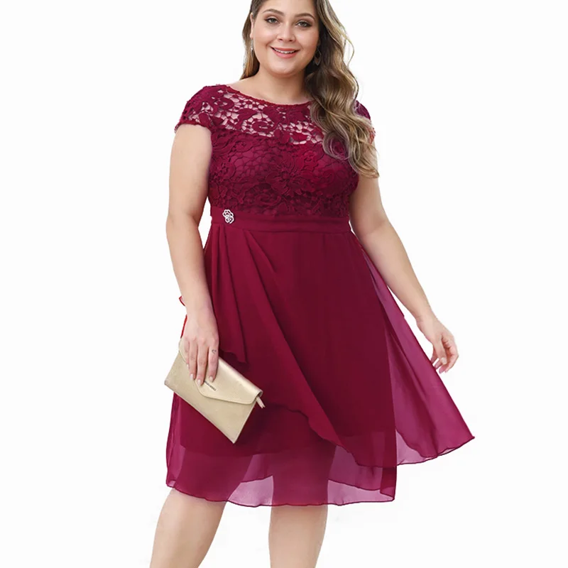 Женское шифоновое платье до колена с вырезами элегантное кружевное размера плюс