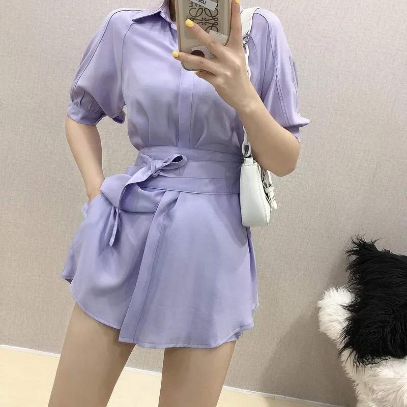 

Beach Style Suits 2021 Summer Clothing Short Sleeve Office Lady Bow Lace-up Blouses + Shorts 2 Piece Sets Womens Outfits Y439
