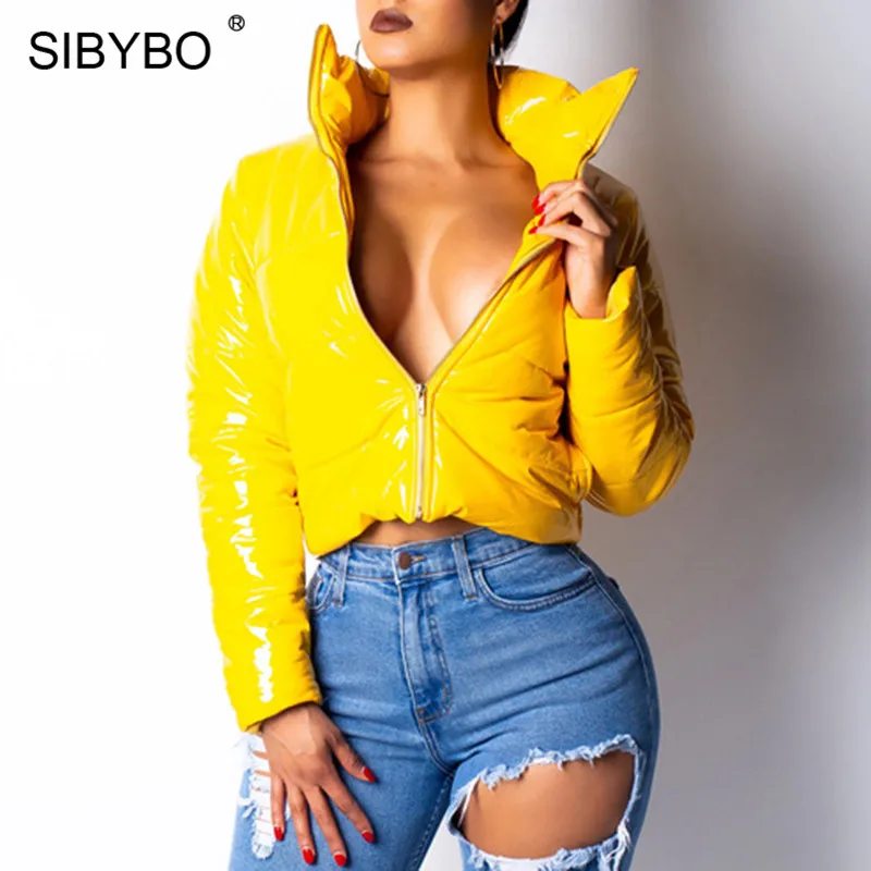 Цвет: желтый Sibybo из искусственной кожи тонкие зимние сексуальные женские пальто и куртки с длинным рукавом стоячий воротник Толстая куртка Женская Повседневная укороченная верхняя одежда для женщин - Цвет: Цвет: желтый