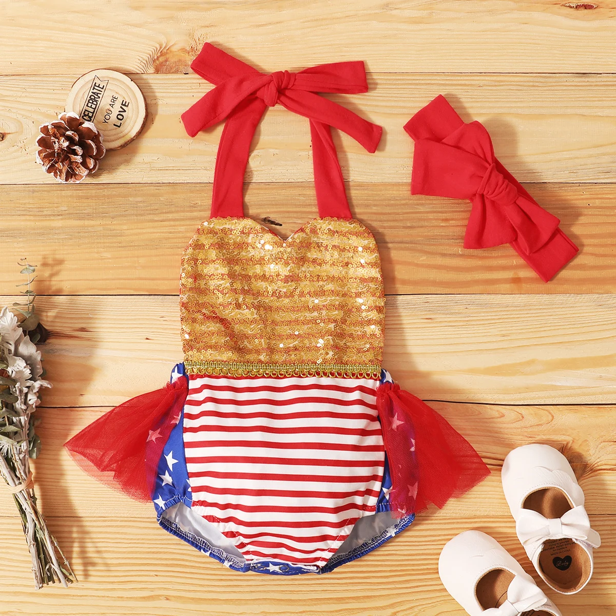 

Наряд для девочек на День Независимости, Детский комбинезон без рукавов с блестками и сетчатыми вставками и лямкой на шее + головной убор с б...