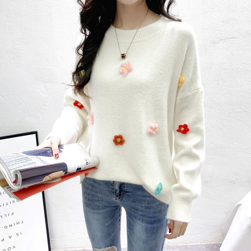 Женский Повседневный свитер с цветочной вышивкой женский длинным рукавом и