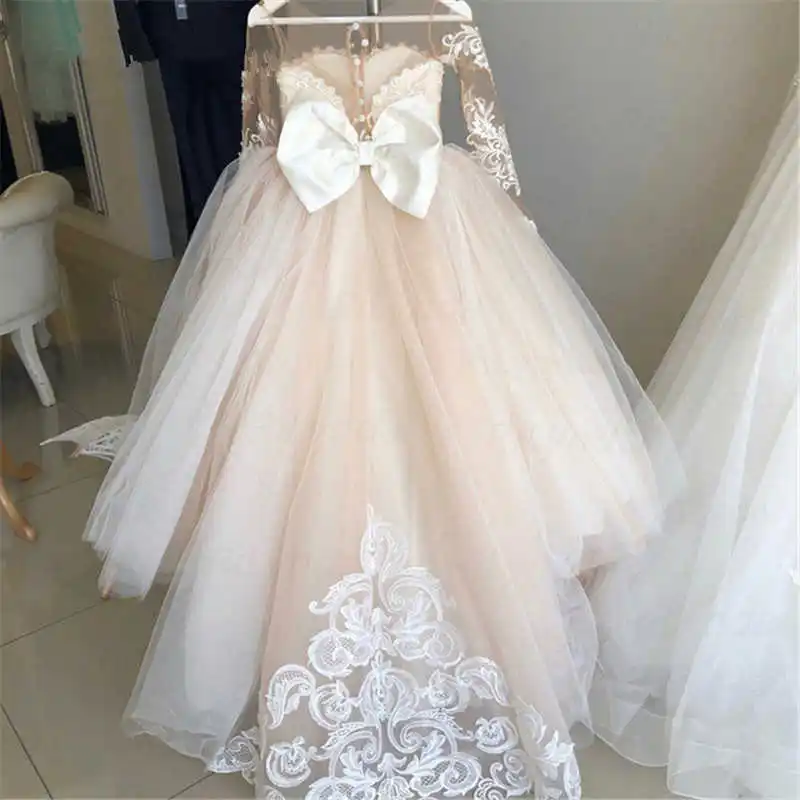 

FashionMia Cute Tulle Flower Girl Dress With Bow Lace Appliques Long Sleeve For Wedding Birthday Ball Gown First Holy Communion