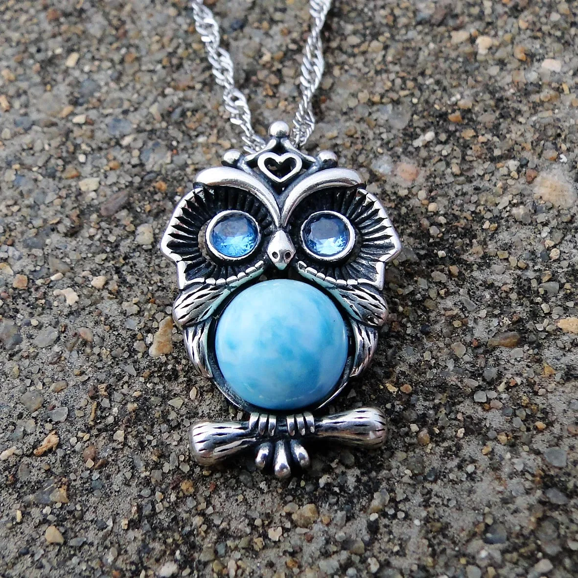 

High Quality Antique Silver Jewelry Natural Larimar Owl Pendant Necklace in 925 Sterling Silver