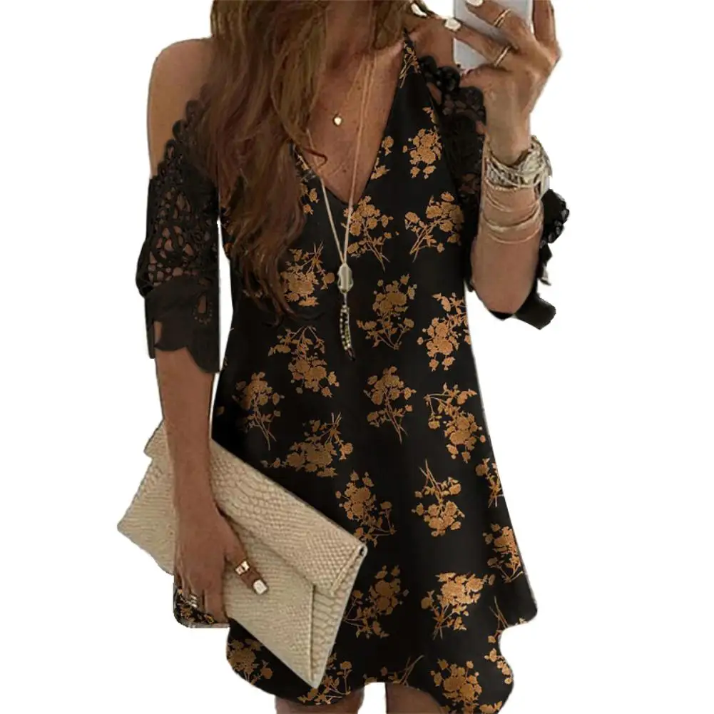 

Women Sexy V Neck Pineapple Floral Print Cold Shoulder Lace A Line Beach Dress A Line Mini Dress Wrap Sundress Robe