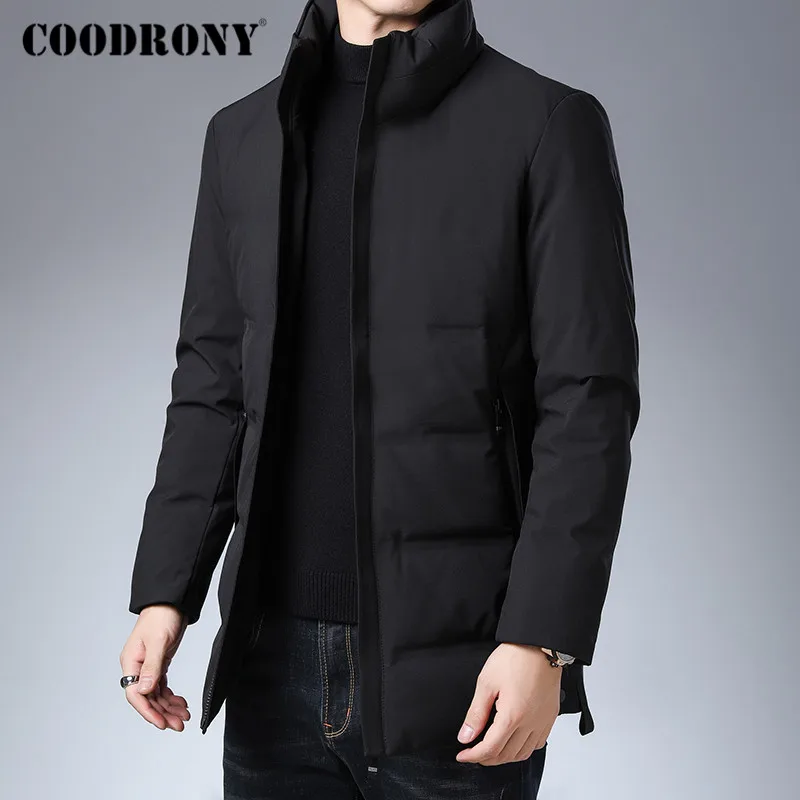 Черный Бренд COODRONY, куртка на утином пуху, Мужская одежда, новинка, Осень-зима, толстые теплые куртки, повседневное пальто со стоячим воротником, мужская верхняя одежда 98032 - Цвет: Черный
