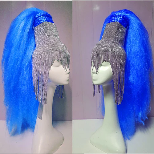 Blue Wig Голографическая горящий человек блестящие стразы парик головной убор части головы рейв сценический танцор Dj певица одежда шляпа с кисточкой костюмы - Цвет: Blue Wig