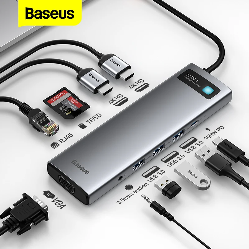 Концентратор Baseus USB Type-C 8 в 1, USB 3,0 Type-C к HDMI, RJ45, SD-ридер, адаптер, разветвитель для MacBook Pro Air, ноутбука