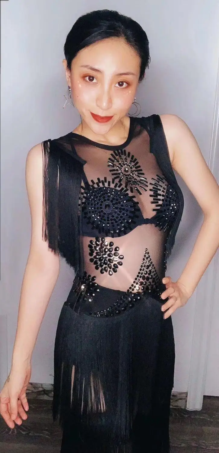 Комбинезон женский сетчатый прозрачный с бахромой черного цвета | Женская одежда