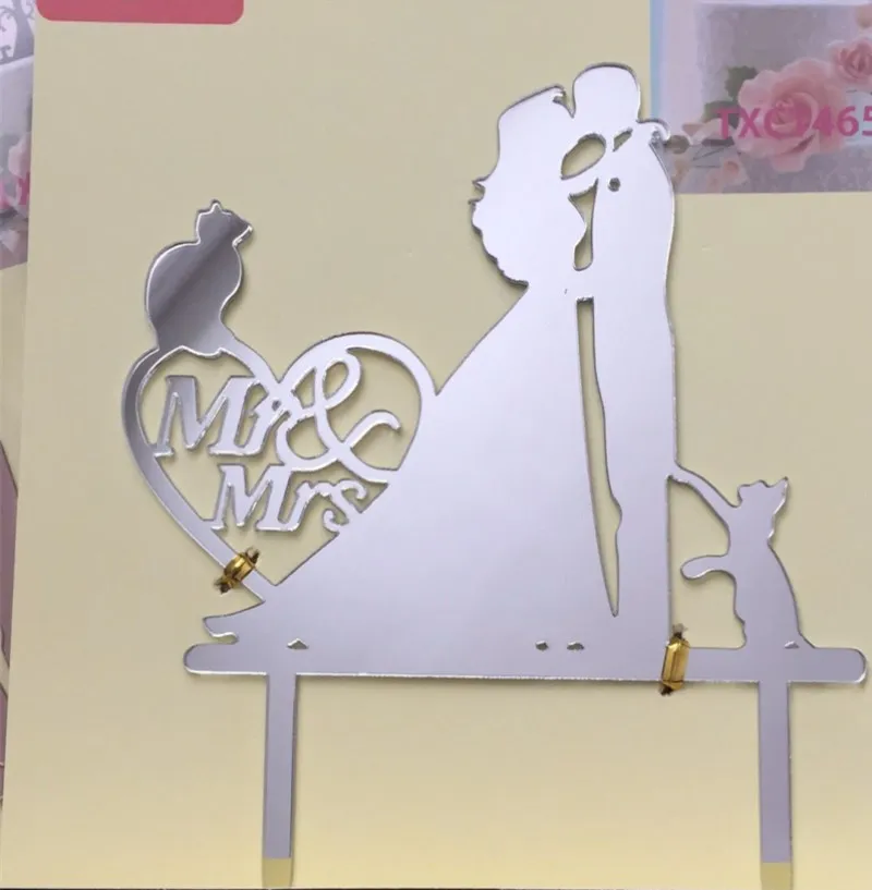 mirror silver Черный акриловый поцелуй жениха и невесты с 2 кошками свадебный торт Топпер Mr& Mrs топперы для украшения свадьбы - Цвет: mirror silver