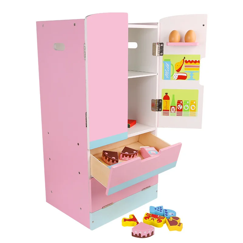 

60cm simulation refrigerator kitchen kit role play house wood refrigerator miniature food toy gifts for girls toys for children