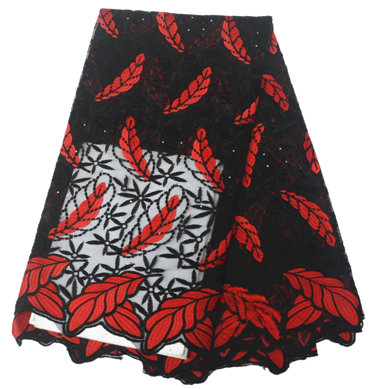 Африканская фатиновая кружевная ткань Сетчатое кружево черного и красного цвета