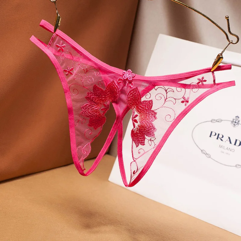 

Women Sexy Lingerie Panties 6 Colors Lace Sheer Embroidery Flower Crotchless Knickers Briefs Underwear
