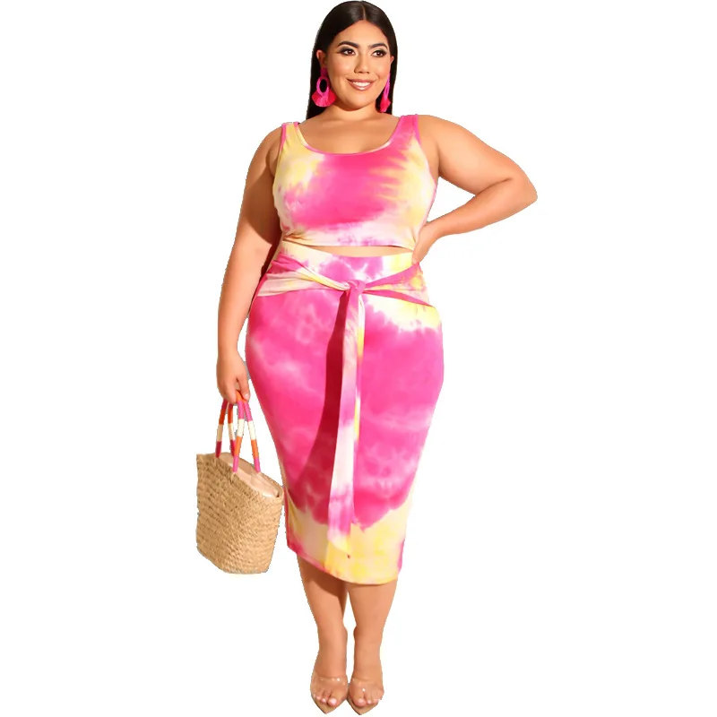 

Large size women's two-piece summer new tie-dye printed tight-fitting hip fashion casual suit gothic dress sexy dress