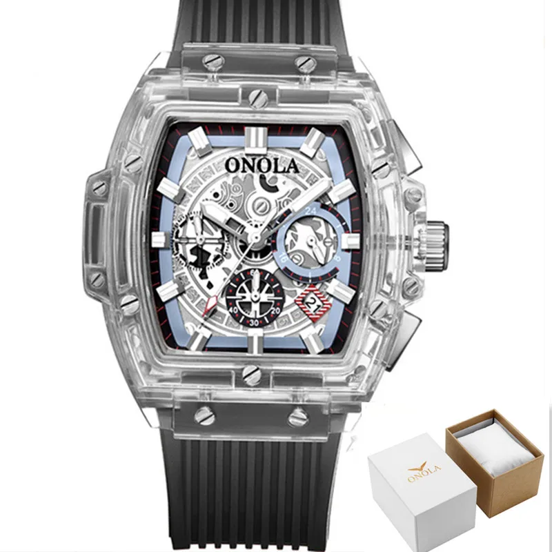 black add box ONOLA Брендовые мужские модные часы прозрачные силиконовые спортивные кварцевые часы 2019New мужские повседневные часы - Цвет: black add box