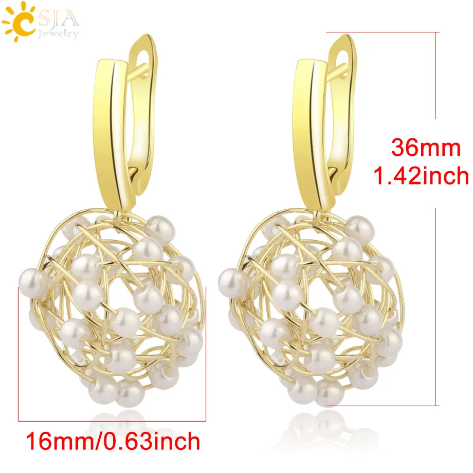 CSJA Freshwater Pearl Dangle Earrings Hollow Round Ball Shaped Gold Color Wire Wrap Elegant Woman Earring for Party Bijoux G244 | Украшения
