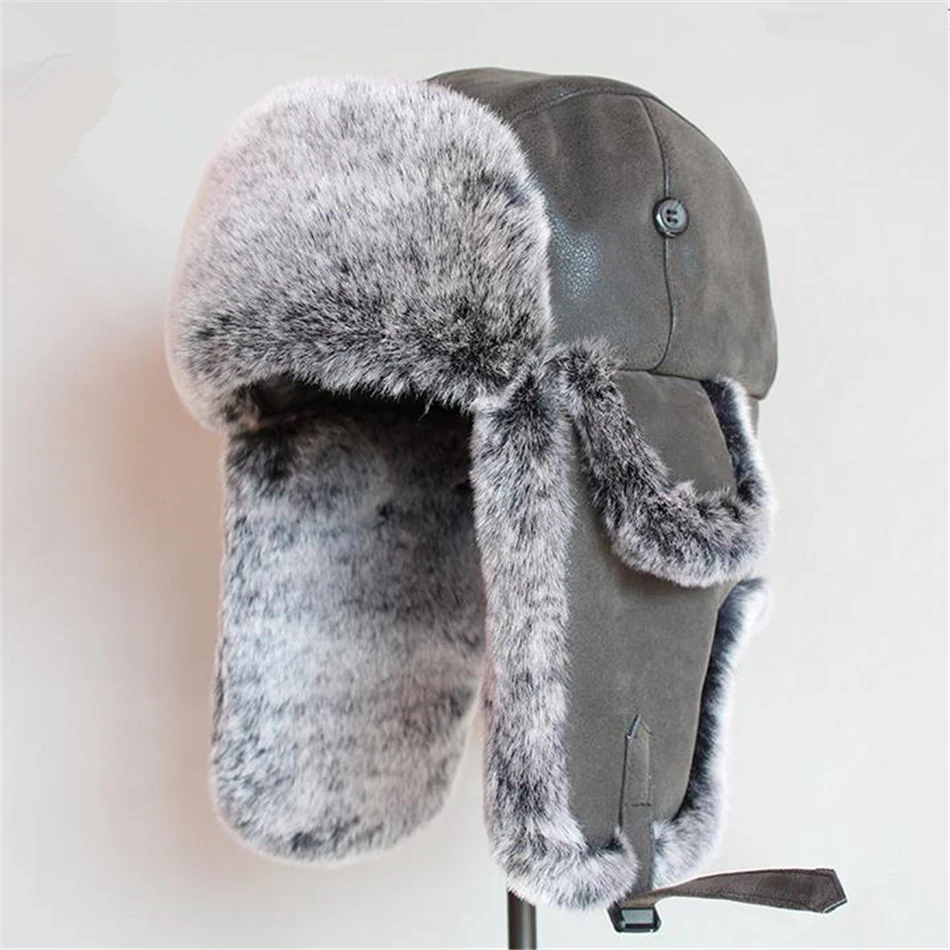 blackGe whitefur BUTTERMERE, кожаная мужская шапка-бомбер, Меховая зимняя шапка, Советская шапка-ушанка, русская коричневая Теплая Лыжная Шапка-ушанка для велоспорта, мужская шапка-ушанка - Цвет: blackGe whitefur