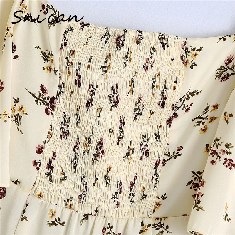 

Floral Print Square Colar Split Dress Long Casual Female Robe Hollow Out Waist Vestidos largos Summer dresses for women 2021 New