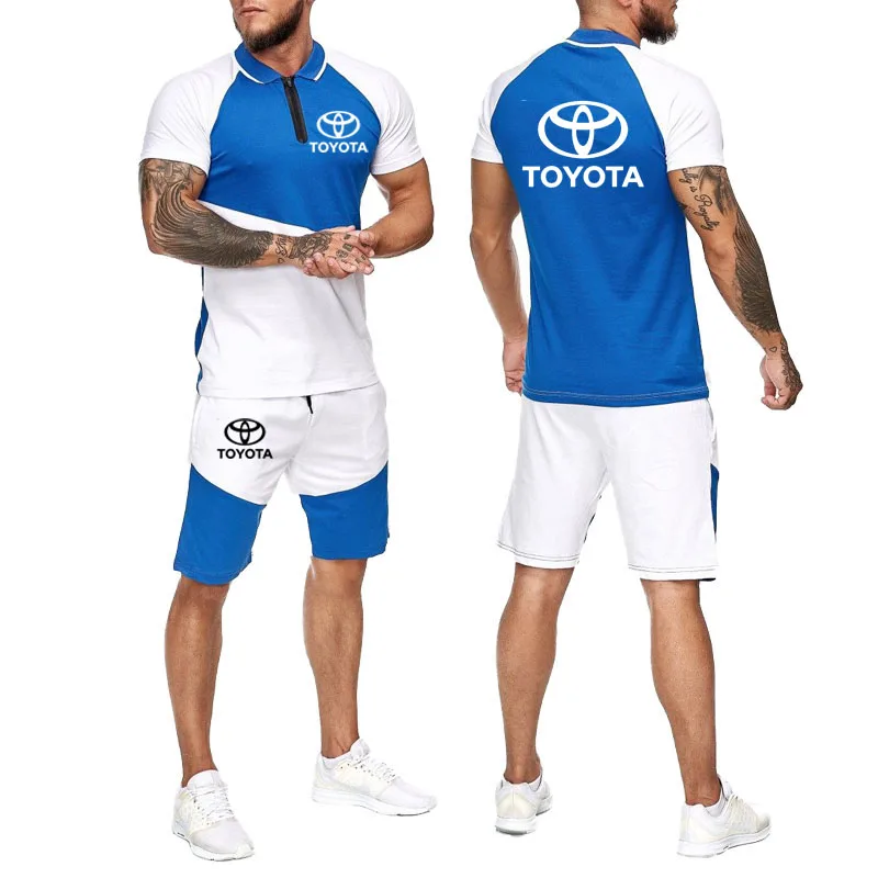 

2021New Stitching cotton Men's T-shirt 2-piece set Toyota car logo print Hip hop street Casual fashion Men's T-shirt+shorts suit