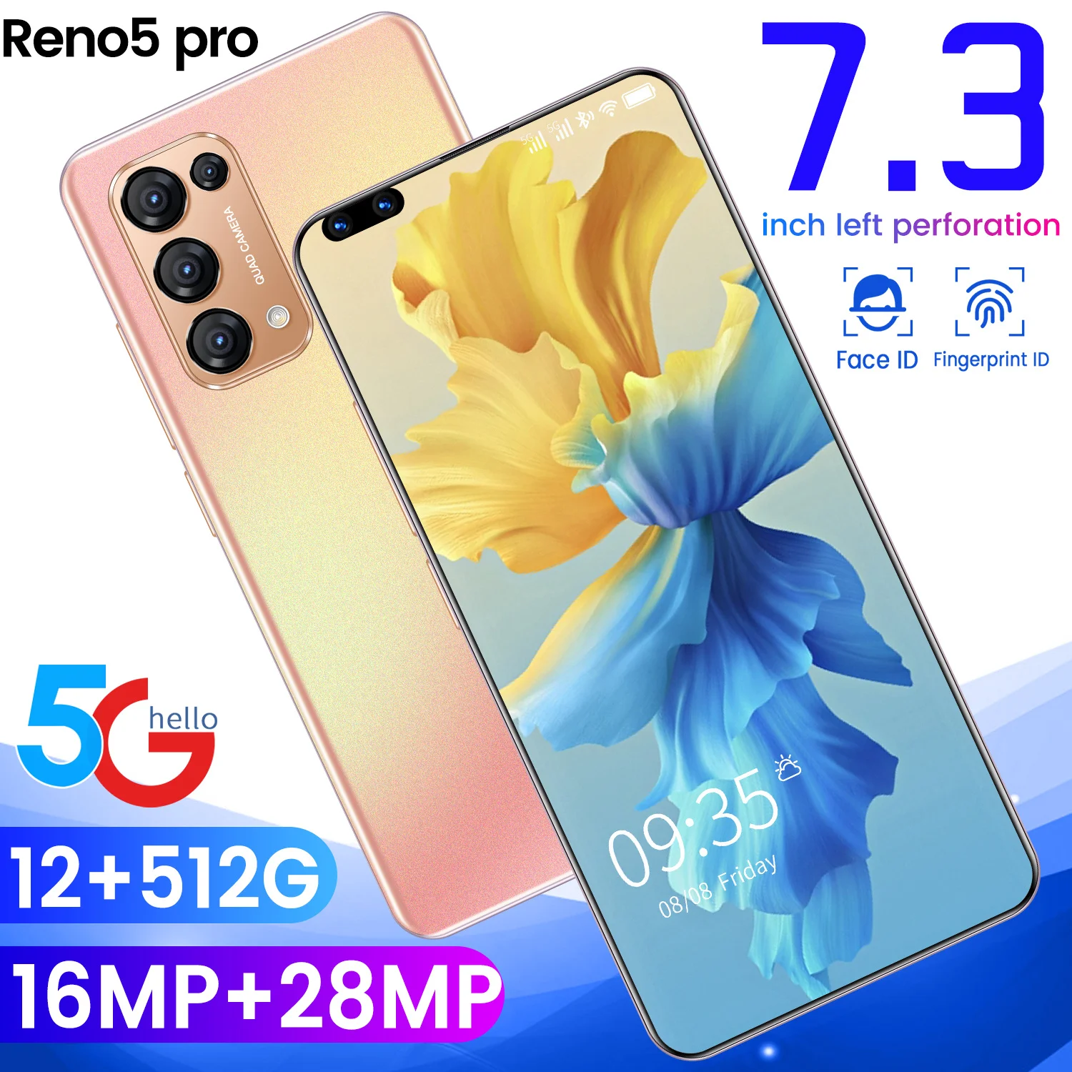 

Reno5Pro 5G LTE mobile phone MTK6797 10 core processor 7.3 inch 12GB 512GB face fingerprint unlock display Type C smartphone