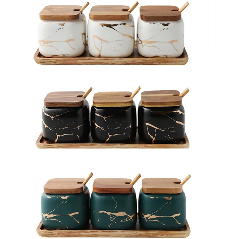 

Nordic Керамика Набор банок для приправ для специй горшок сахар, соль, перец контейнер с крышкой из бамбука ложки Кухня приправа 360 мл 1 комплект