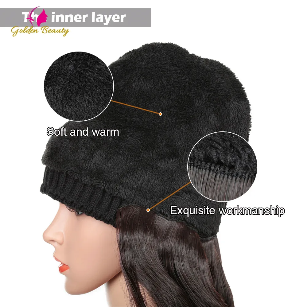 

Golden Beauty Long Body Wave Wig With Elastic Knit Hat Wigs Heat Resistant Synthetic Natural Fake Hair Wigs for Women