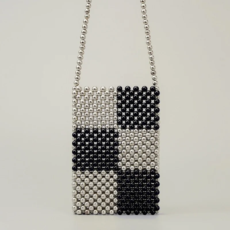 

Niche Design Acrylic Handmade Beaded Messenger Bag Black and White Plaid Shoulder Bag Beach Holiday Party Female Bag