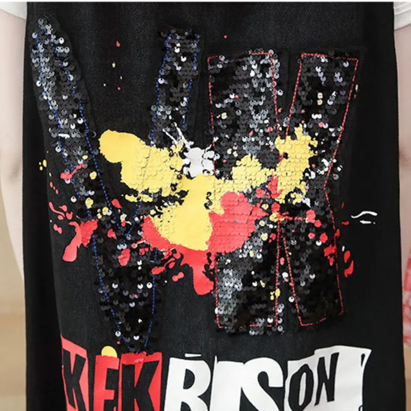 

Black Long Denim Vest Women Spring Hooded Harajuku Casual Plus Size 4XL Loose Sequins Split Waistcoat Female Chalecos Para Mujer