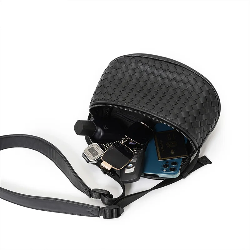 

New Woven Leather Men Shoulder Crossbody Bag Outdoor Sport Riding European and American Fashion Chest Bag Male Messenger Purse