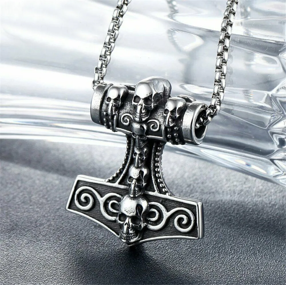 

Viking Mens Thor's Hammer Necklace Mjolnir Skull Pendant Stainless Steel