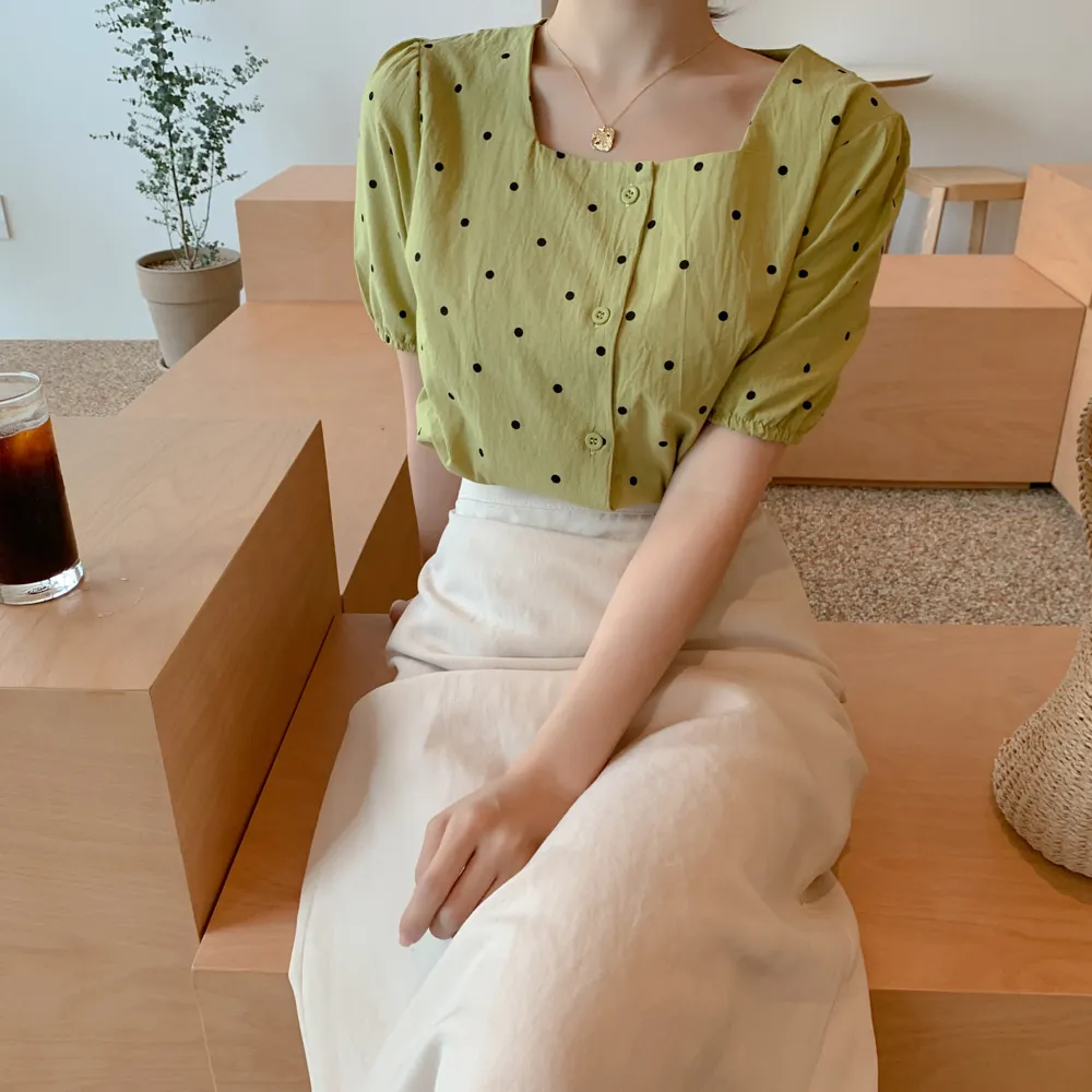 Зеленая рубашка с квадратным принтом Женская Повседневная винтажная хлопковая