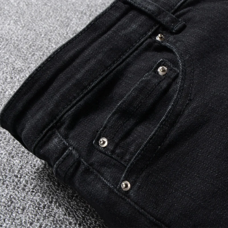 American Street Fashion Men Jeans Black Color Elastic Slim Fit Ripped Jeans Men Leather Patch Designer Hip Hop Denim Punk Pants