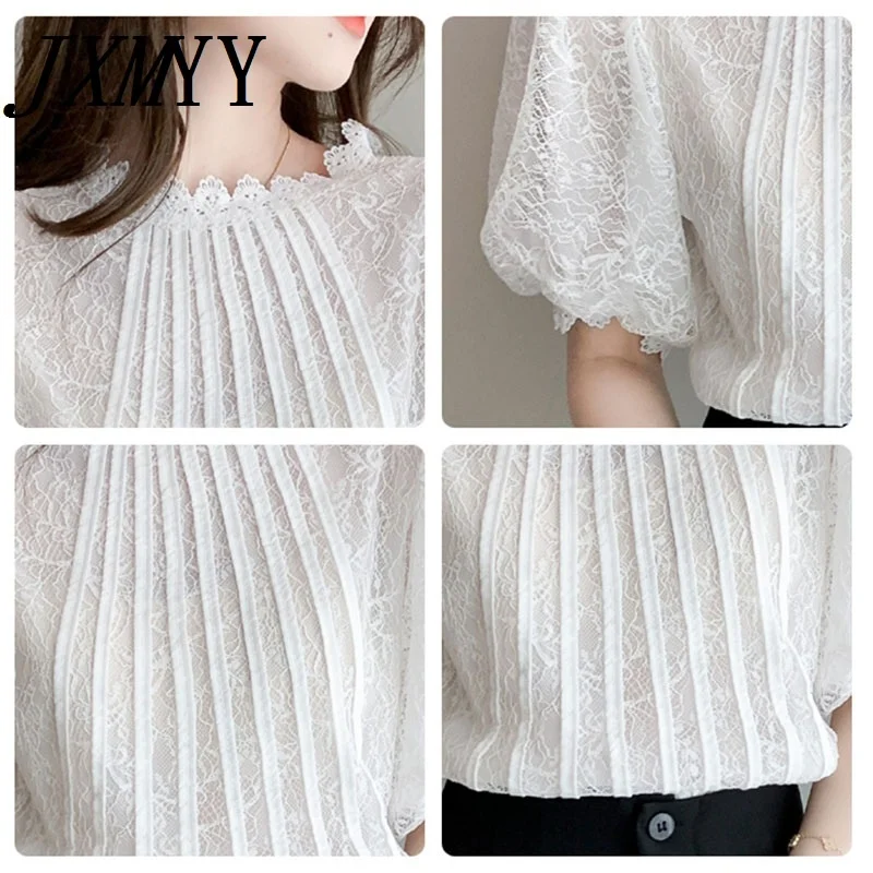 

ICCLEK JXMYY 2021 Summer New Fashion All-match Temperament Lantern Sleeve Round Neck Short Sleeve Lace Shirt Lad