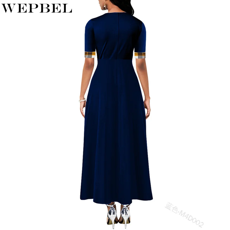 

WEPBEL Women Vintage Plaid Patchwork Dress Ladies Elegant Short Sleeve O Neck Button Long Dress
