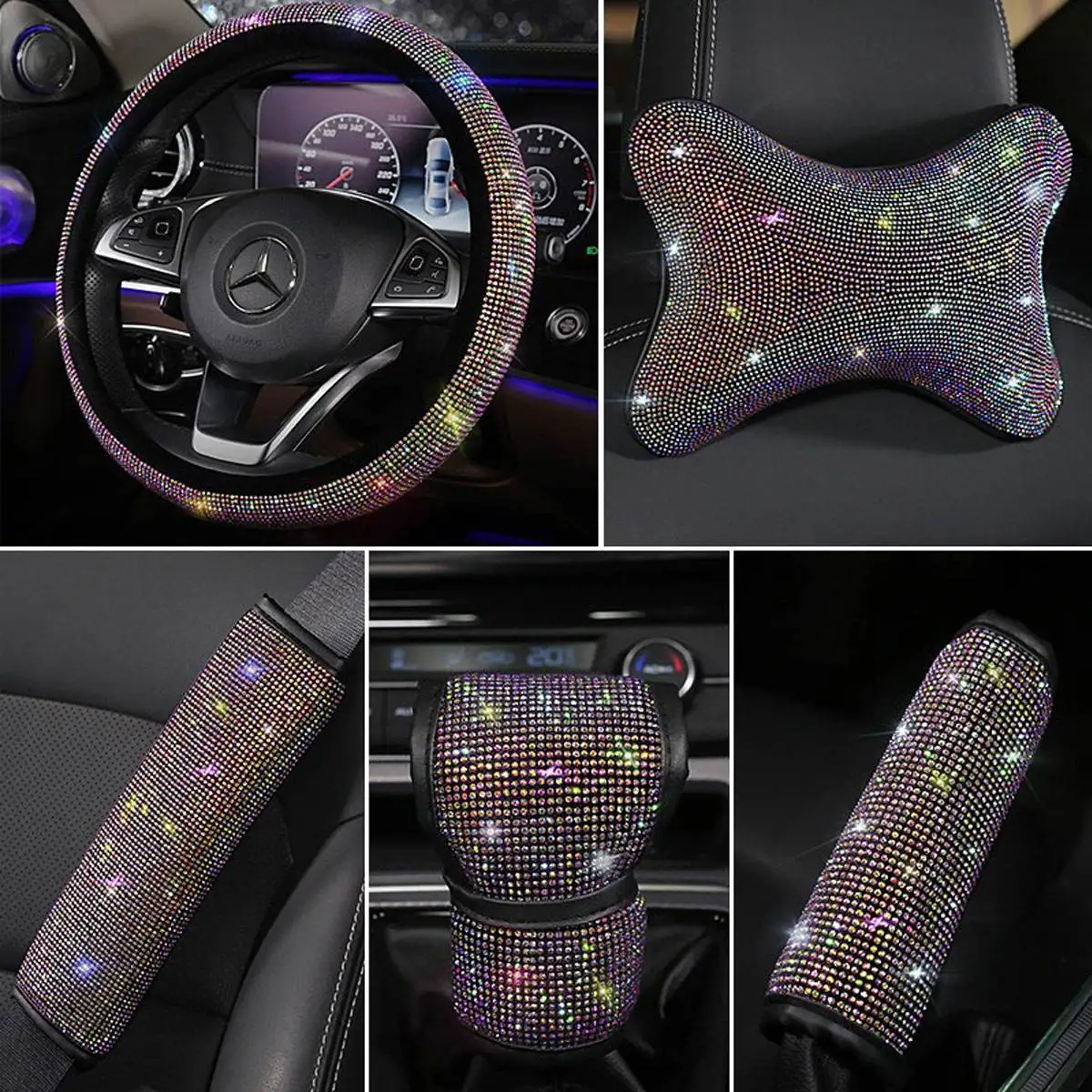 

Universal Sparkle Luxury Bling Rhinestone Diamond Car Steering Wheel Covers Headrest Useful Auto Interior Decor Accessories